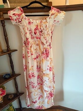 H&M White Floral Smocked Midi Dress with Pink & Yellow Blooms